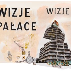 Wizje, pałace, akryl, papier, kolaż, ok. 55,5 x 70 cm