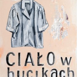 Ciało w bucikach, 2019, olej, akryl, kolaż, płótno, 110 x 100 cm