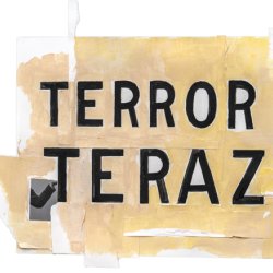 Terror teraz, 2023, akryl, papier, kolaż, 30 x ok. 45 cm