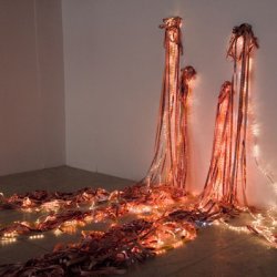 „Materia malarska”, 2009, instalacja tekstowa: paski papieru z nadrukiem: „gruba, mięsista, zmysłowa, podatna” i węże świetlne, w czasie wystawy „Malarz napisał”, Galeria Appendix, Warszawa.