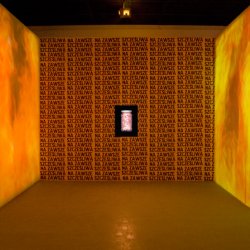 NA ZAWSZE SZCZĘŚLIWA, 2006, lightbox na tapecie z plakatów, projekcja video, „Siła fatalna”, CSW Zamek Ujazdowski w Warszawie.