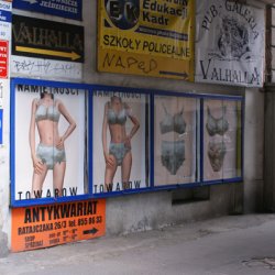 Namiętności towarów , 2009, fotomontaż, 4 plakaty w przestrzeni miejskiej w czasie projektu Kłopotliwe obrazy, w ramach 6. Biennale Fotografii, Poznań.