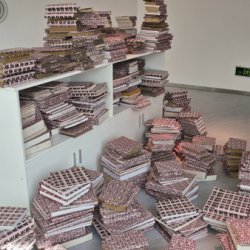 „Dawno i nieprawda“, 2004/2012 papier do obkładania książek. Nadruk na papierze; obłożone ok. 1000 egzemplarzy. , instalacja w czasie The Fourth Guangzhou Triennial - The Unseen, Guangzhou, Chiny