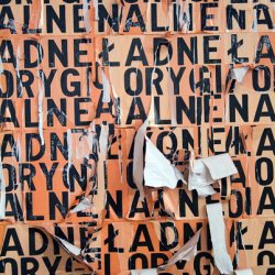 ŁADNE I ORYGINALNE  2004, plakat ,46x63 cm w dwóch kolorach, naklejony w 3 warstwach na ścianę -ok. 2,5 x5 m i zdzierany. Detal. Wystawa indywidualna „Obłożenie” , galeria Kronika w Bytomiu.