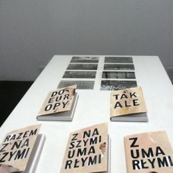 „Maria Janion, 2014, atrapy książek w obwolutach i kolaże, wymiary zmienne; na wystawie Oksymoron normalności w Galerii Arsenał w Białymstoku