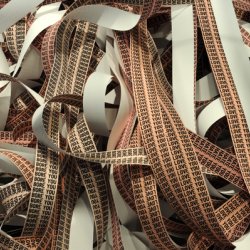 LOVE YOU HATE YOU BORE YOU, 2008, 15 taśm z nadrukiem, 5cm x 10 m każda, wystawa zbiorowa Dziennik Polki, Uppsala Konsert & Kongress,  Uppsala, Szwecja.