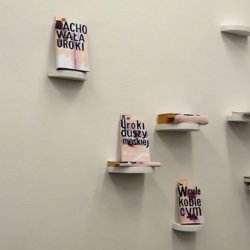 Obwoluty z cytatem Baudlaire’a (o Madame Bovary)  na różne książki (pisarze piszący z pozycji kobiety), „Abstrakcja negatywna” w galerii Delikatesy w Krakowie, 2010 .