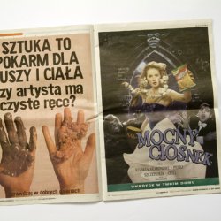 SZTUKA WSPÓŁCZESNA JEST KONTROWERSYJNA? DAJ SIĘ  ZASKOCZYĆ. Reklamy kulturalne, 2005; ogłoszenia w dodatku poznańskim Gazety Wyborczej. Wystawa Czasu Kultury.
