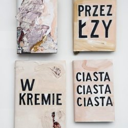 Obwoluty na książki różne, 2017, akryl, kolaż, wymiary różne, przód