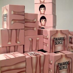 Pudełka z nadrukiem „Twarde serce/ Siła fatalna” i „ Brak kręgosłupa/ Nie interesuje”, 2003, 39x35x23,5cm