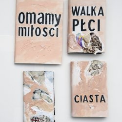 Obwoluty na książki różne, 2017, akryl, kolaż, wymiary różne, przód