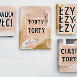 Obwoluty na książki różne, 2017, akryl, kolaż, wymiary różne, przód